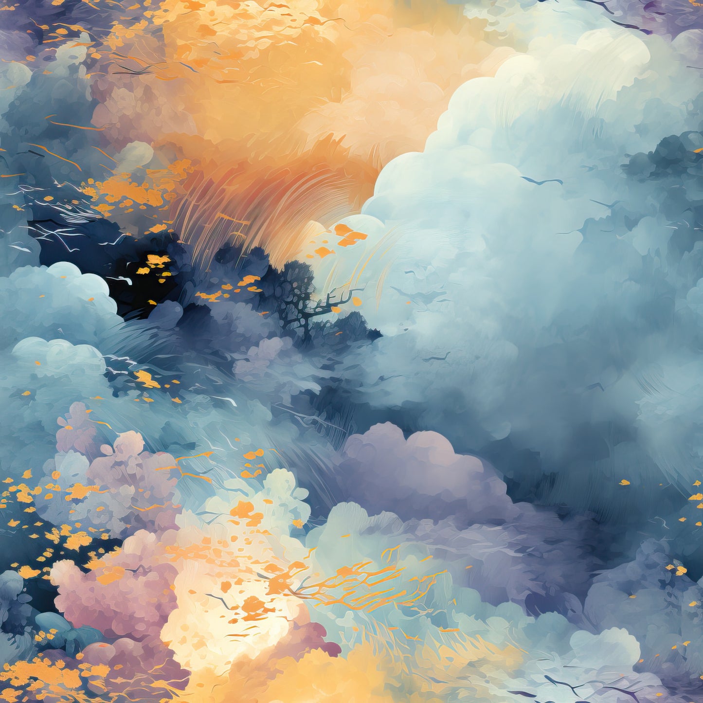 orange, peach, blue, purple, lavender, white, clouds, sky, sunset, sunrise, dreamy, ethereal, painterly, watercolor style, atmospheric, heavenly, serene, quilting cotton, fabric panel, nature scene, soft brushstrokes, celestial