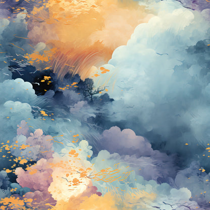orange, peach, blue, purple, lavender, white, clouds, sky, sunset, sunrise, dreamy, ethereal, painterly, watercolor style, atmospheric, heavenly, serene, quilting cotton, fabric panel, nature scene, soft brushstrokes, celestial