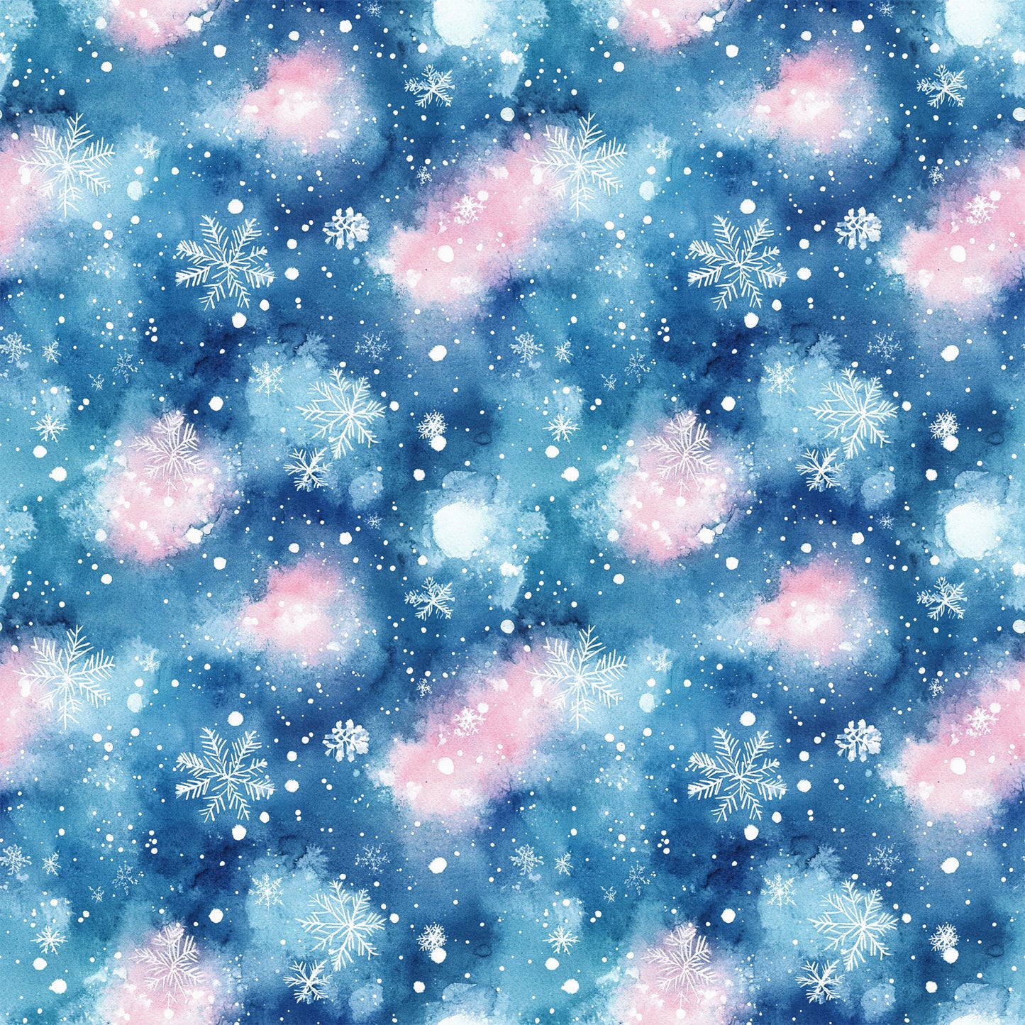 watercolor, blue, pink, white, snowflakes, winter pattern, christmas fabric, quilting cotton, fabric panel, snowy background, celestial colors, holiday design, repeating pattern, winter wonderland, seasonal fabric, crafting material, soft pastels, frozen motifs, textile design, winter theme