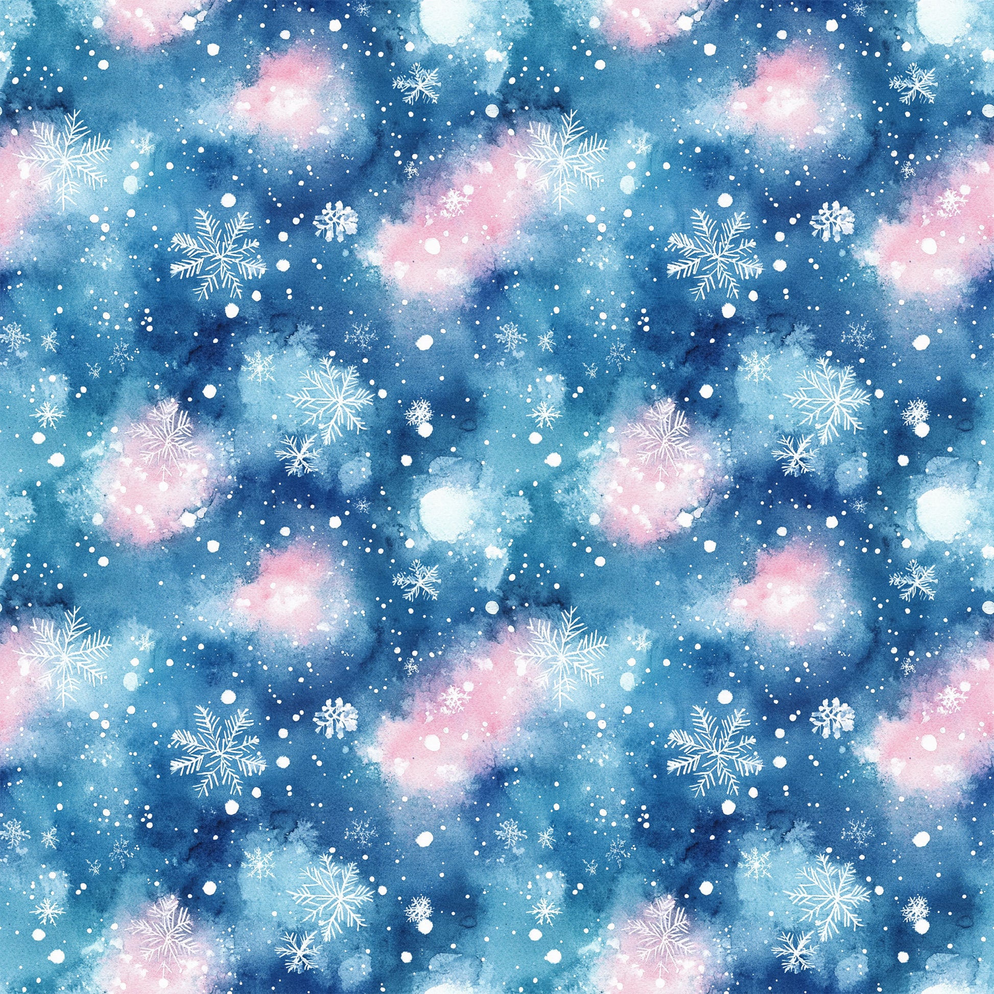 watercolor, blue, pink, white, snowflakes, winter pattern, christmas fabric, quilting cotton, fabric panel, snowy background, celestial colors, holiday design, repeating pattern, winter wonderland, seasonal fabric, crafting material, soft pastels, frozen motifs, textile design, winter theme