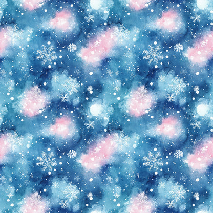 watercolor, blue, pink, white, snowflakes, winter pattern, christmas fabric, quilting cotton, fabric panel, snowy background, celestial colors, holiday design, repeating pattern, winter wonderland, seasonal fabric, crafting material, soft pastels, frozen motifs, textile design, winter theme