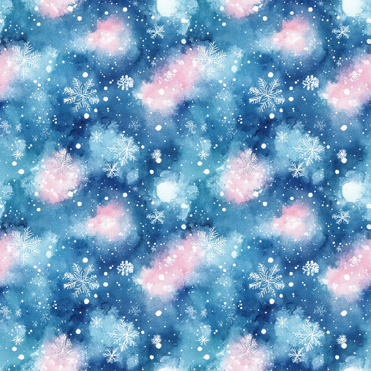 watercolor, blue, pink, white, snowflakes, winter pattern, christmas fabric, quilting cotton, fabric panel, snowy background, celestial colors, holiday design, repeating pattern, winter wonderland, seasonal fabric, crafting material, soft pastels, frozen motifs, textile design, winter theme