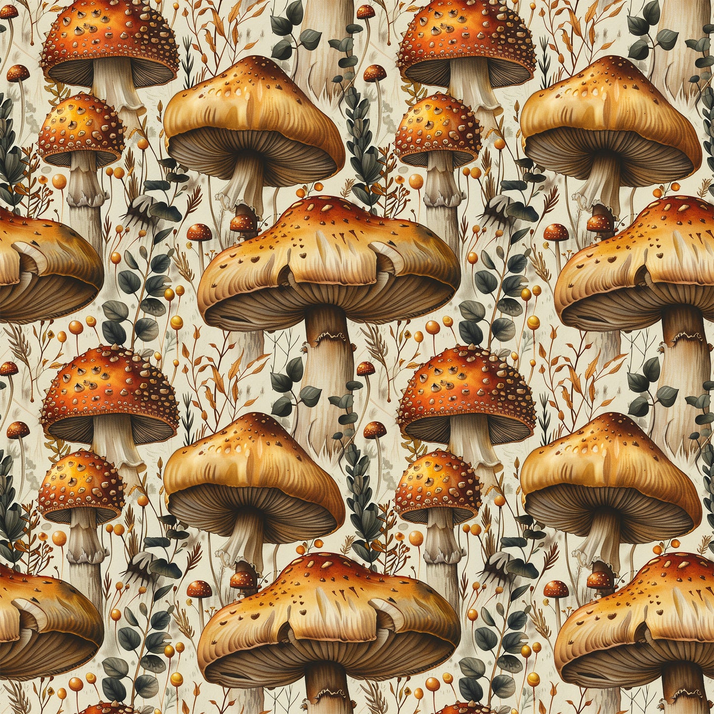 orange, red, cream, beige, mushrooms, toadstools, botanical, leaves, berries, retro, vintage, nature, forest, woodland, repeating pattern, quilting cotton, fabric panel, autumn colors, whimsical, detailed illustration