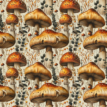 orange, red, cream, beige, mushrooms, toadstools, botanical, leaves, berries, retro, vintage, nature, forest, woodland, repeating pattern, quilting cotton, fabric panel, autumn colors, whimsical, detailed illustration