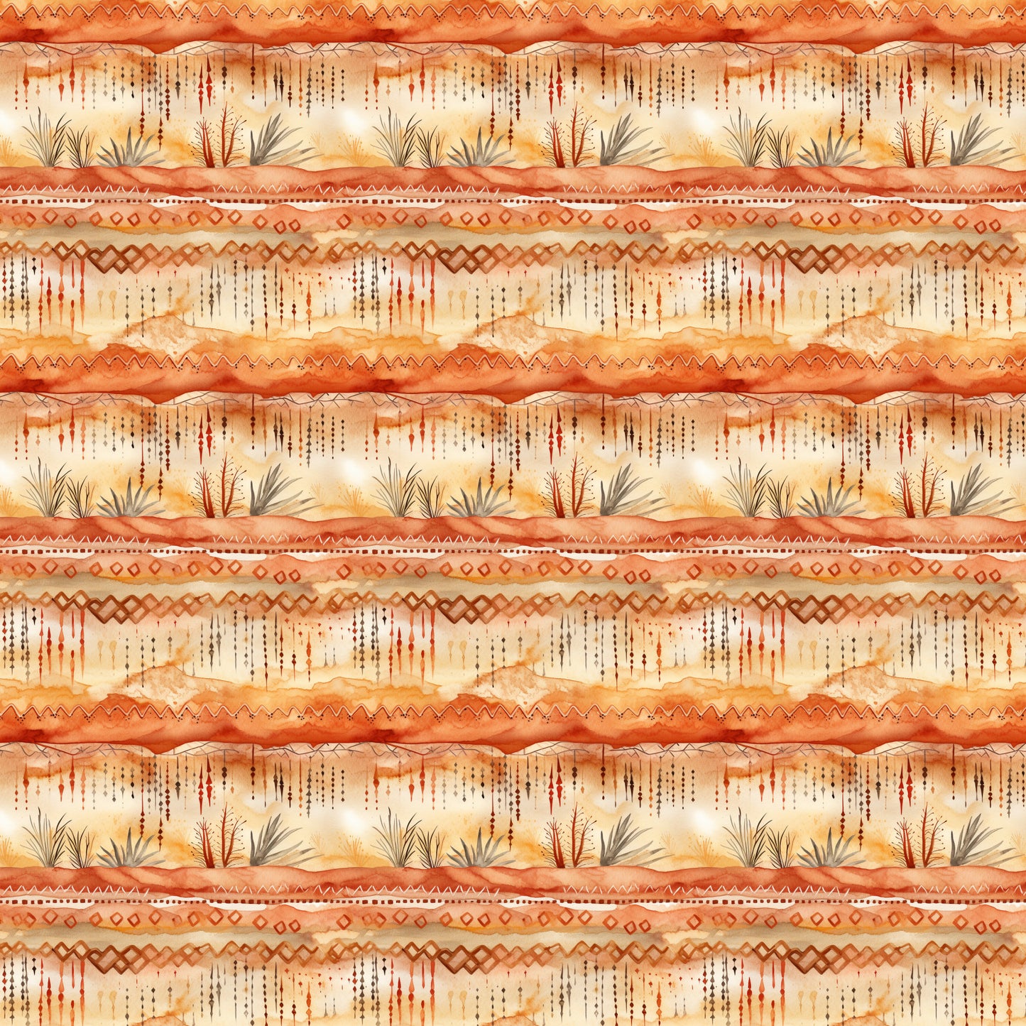 desert sunrise, orange tones, terracotta, rust colors, cream, beige, southwestern pattern, tribal designs, geometric borders, zigzag motifs, diamond patterns, desert plants, cacti, agave, desert landscape, striped layout, earthy palette, quilting cotton, fabric panel, warm colors, native american inspired
