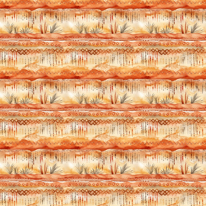 desert sunrise, orange tones, terracotta, rust colors, cream, beige, southwestern pattern, tribal designs, geometric borders, zigzag motifs, diamond patterns, desert plants, cacti, agave, desert landscape, striped layout, earthy palette, quilting cotton, fabric panel, warm colors, native american inspired