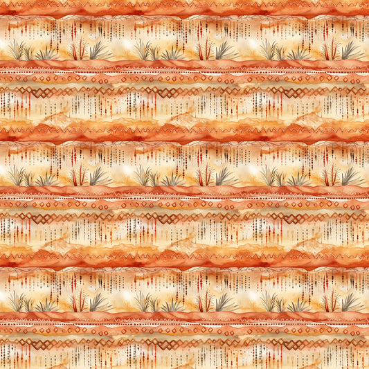 desert sunrise, orange tones, terracotta, rust colors, cream, beige, southwestern pattern, tribal designs, geometric borders, zigzag motifs, diamond patterns, desert plants, cacti, agave, desert landscape, striped layout, earthy palette, quilting cotton, fabric panel, warm colors, native american inspired