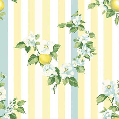 lemon yellow, sage green, white, pale blue, floral pattern, striped background, botanical design, fruit motif, apple blossoms, shabby chic, vintage style, quilting cotton, fabric panel, spring flowers, garden theme, soft pastels, romantic florals, cottage core, delicate blooms
