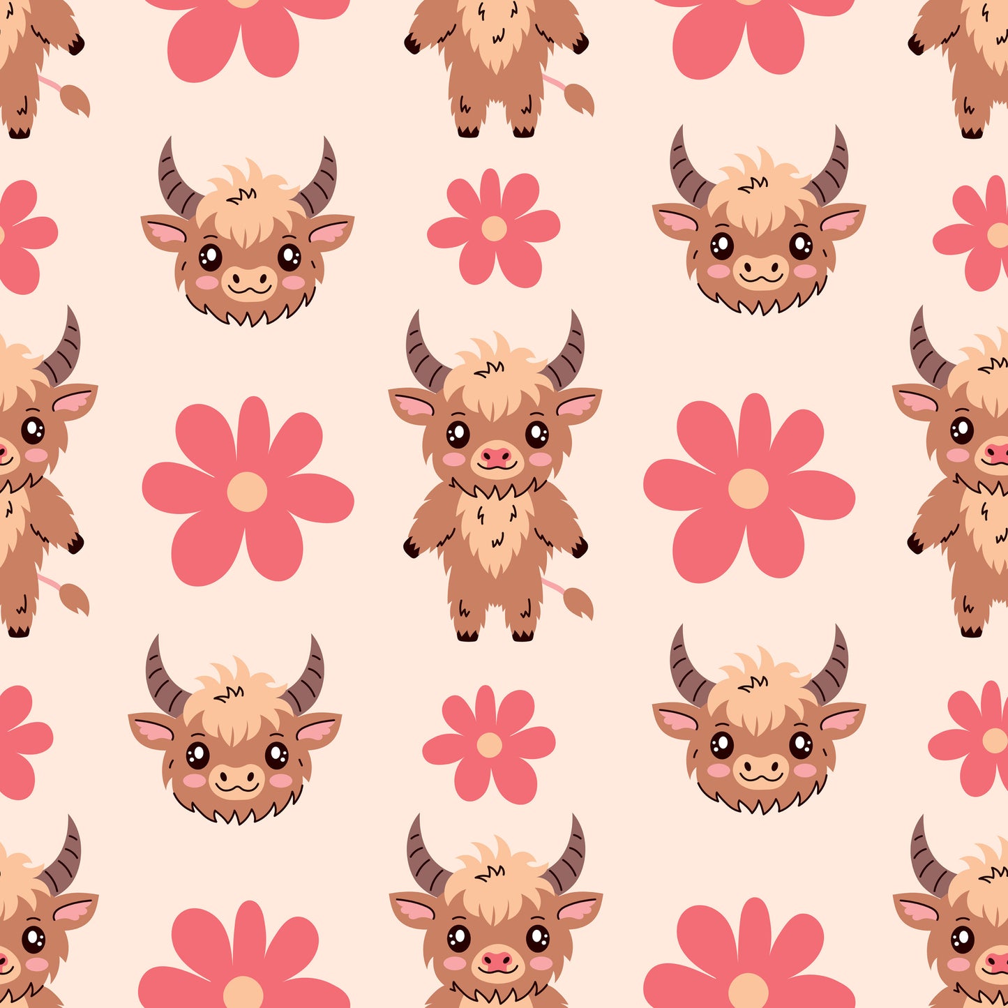 Cute Baby Highland Cows Pattern 4 Quilting Cotton Fabric