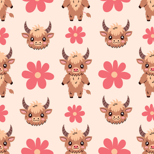 Cute Baby Highland Cows Pattern 4 Quilting Cotton Fabric