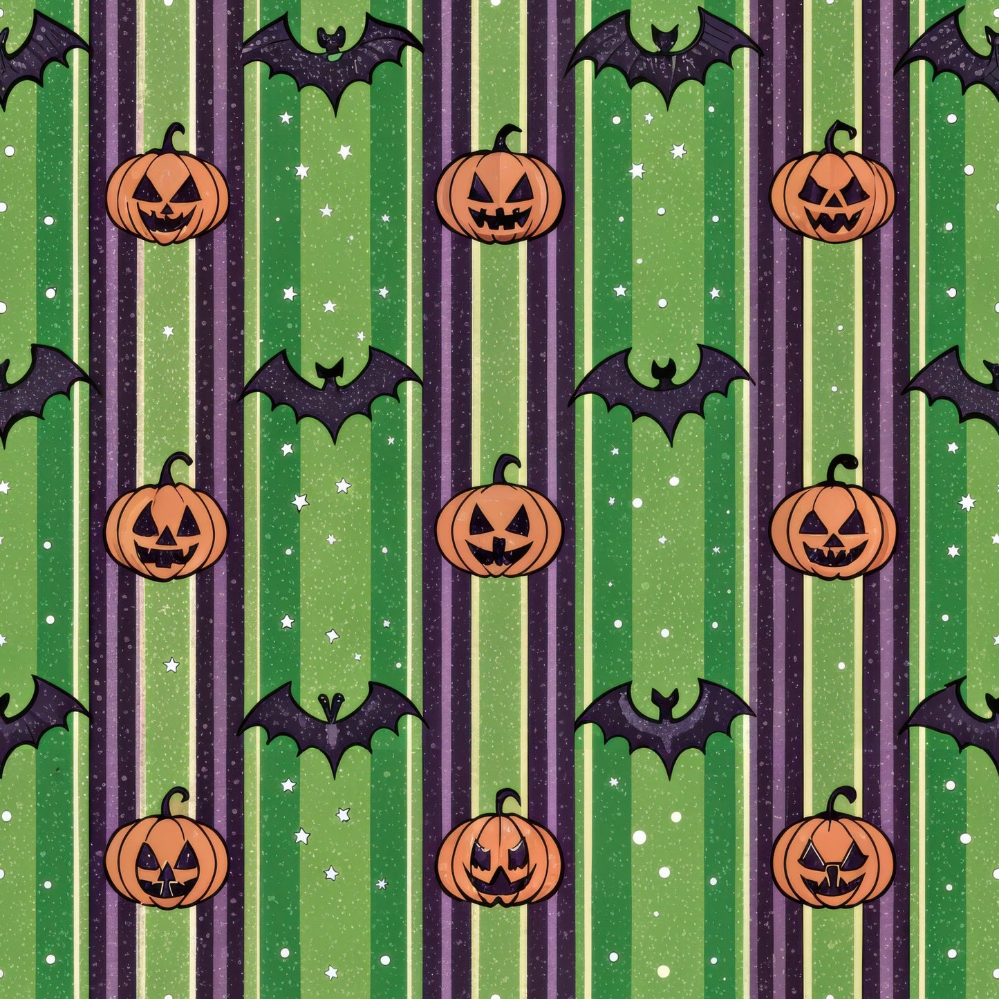 halloween fabric, quilting cotton, fabric panel, jack-o-lantern, pumpkins, bats, orange pumpkins, green stripes, purple stripes, black bats, white stars, striped pattern, halloween motifs, spooky theme, autumn colors, carved pumpkins, flying bats, festive pattern, seasonal fabric, craft fabric