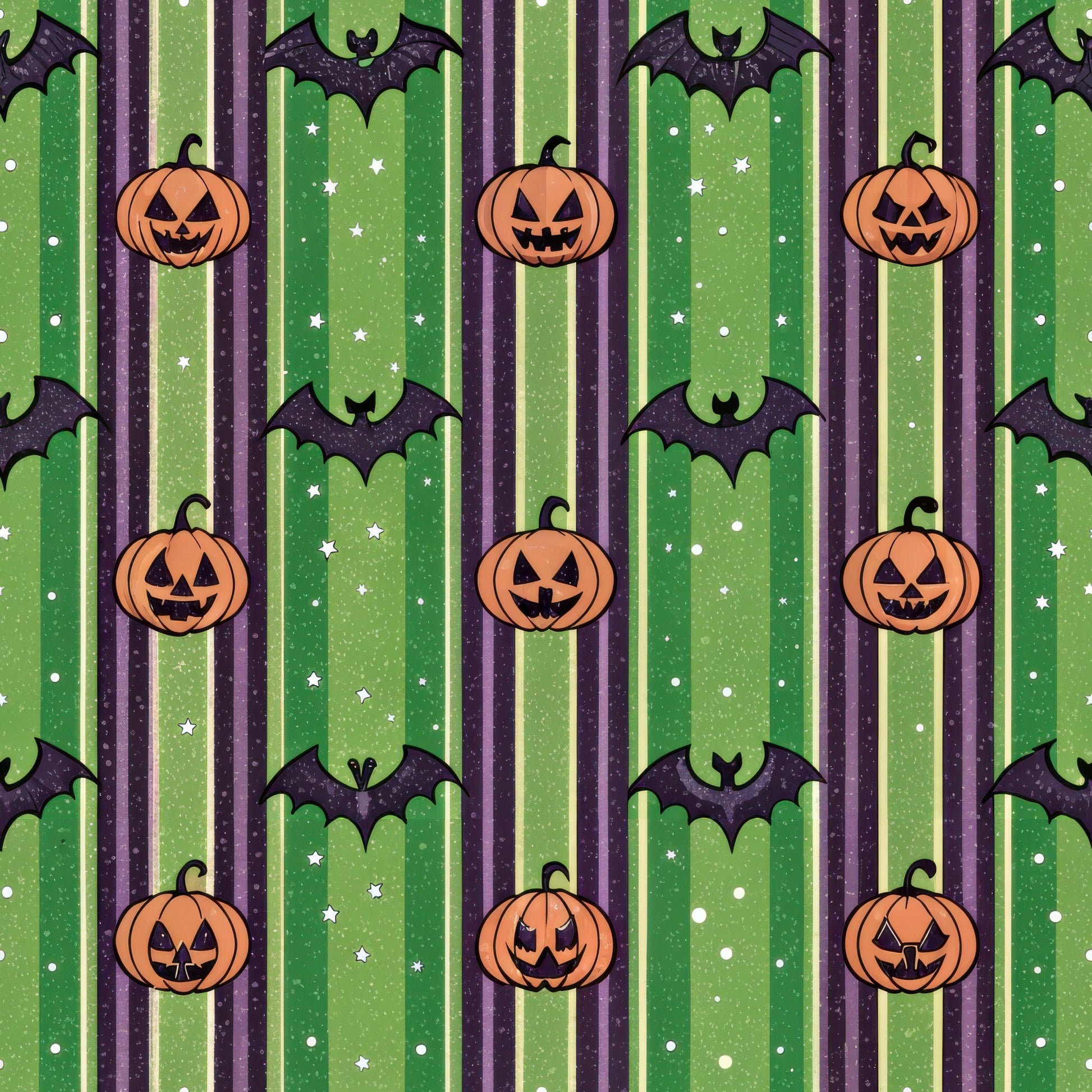 halloween fabric, quilting cotton, fabric panel, jack-o-lantern, pumpkins, bats, orange pumpkins, green stripes, purple stripes, black bats, white stars, striped pattern, halloween motifs, spooky theme, autumn colors, carved pumpkins, flying bats, festive pattern, seasonal fabric, craft fabric