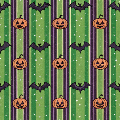 halloween fabric, quilting cotton, fabric panel, jack-o-lantern, pumpkins, bats, orange pumpkins, green stripes, purple stripes, black bats, white stars, striped pattern, halloween motifs, spooky theme, autumn colors, carved pumpkins, flying bats, festive pattern, seasonal fabric, craft fabric
