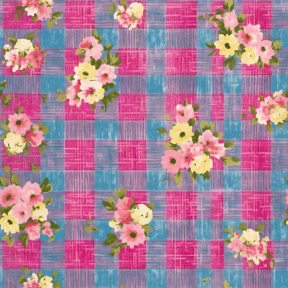 pink, blue, magenta, yellow, plaid pattern, checkered, floral motifs, flowers, roses, botanical, country style, quilting cotton, fabric panel, feminine, vintage style, cottage core, gingham, blooms, pastoral, rustic charm