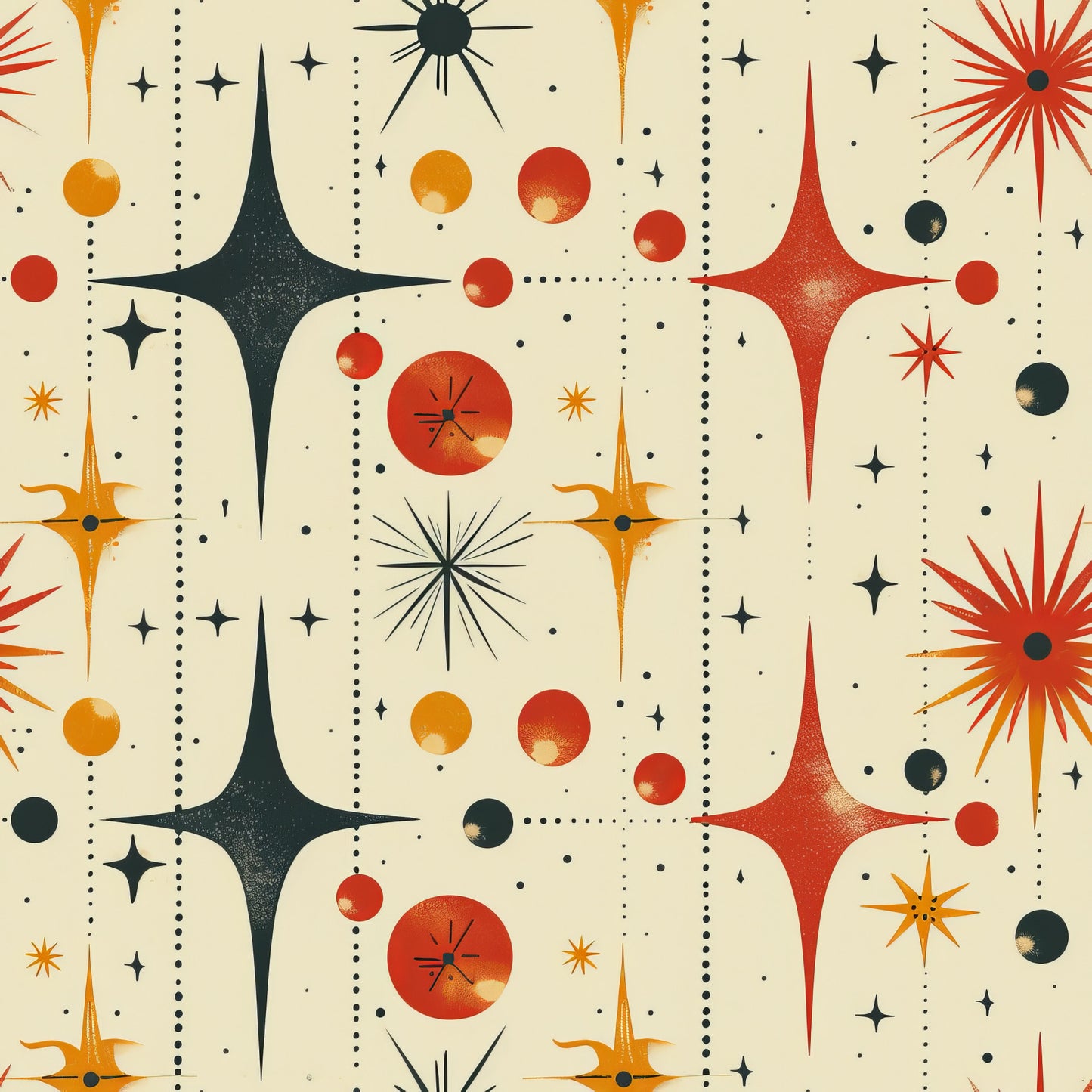 retro starburst, mid-century modern, atomic age, geometric pattern, orange, red, black, cream, beige, celestial motifs, starbursts, circles, dots, space age, vintage style, quilting cotton, fabric panel, 1950s inspired, abstract design, radiating lines
