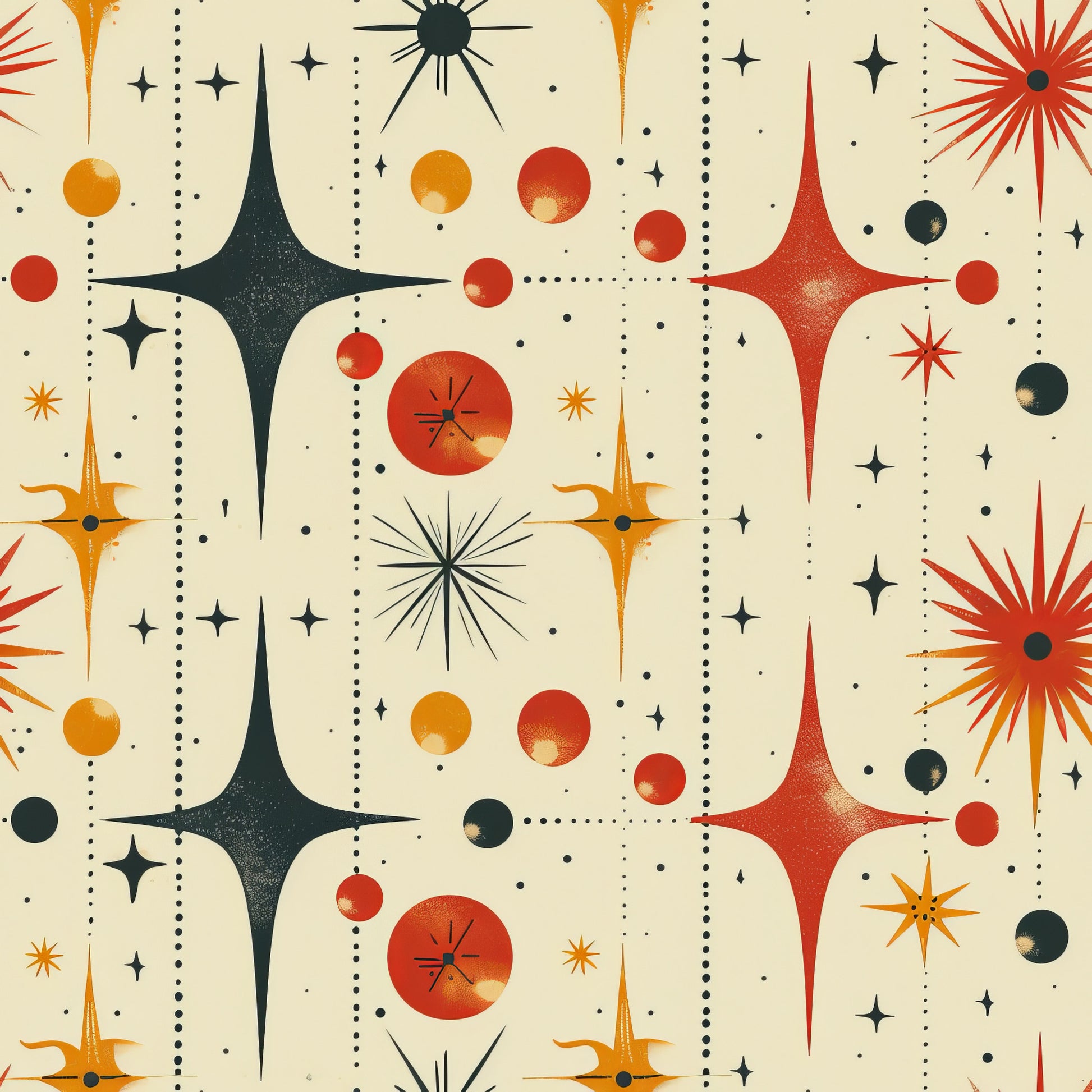 retro starburst, mid-century modern, atomic age, geometric pattern, orange, red, black, cream, beige, celestial motifs, starbursts, circles, dots, space age, vintage style, quilting cotton, fabric panel, 1950s inspired, abstract design, radiating lines