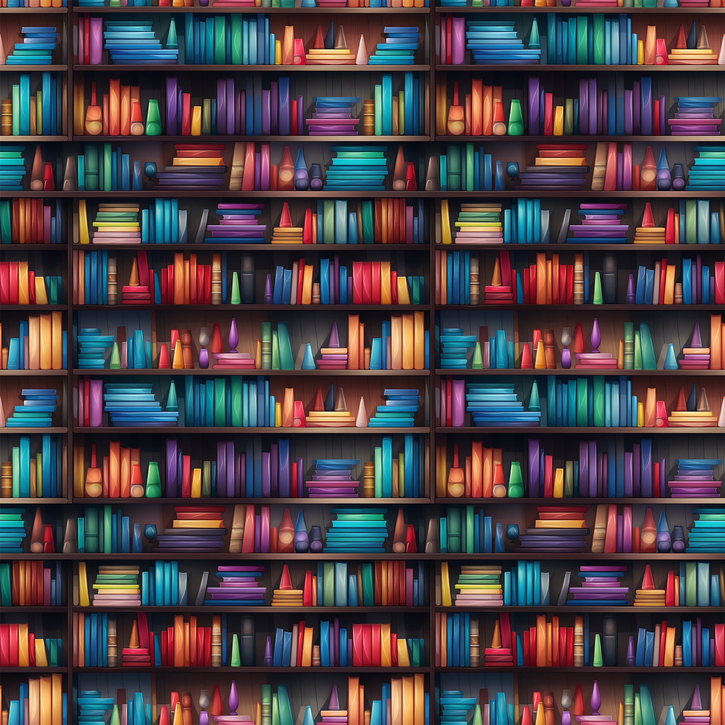 bookshelf pattern, library theme, colorful books, rainbow spines, reading motif, quilting cotton, fabric panel, vibrant colors, blue books, red books, green books, purple books, yellow books, orange books, wooden shelves, literary design, book lover, educational theme, bright palette, repeating pattern