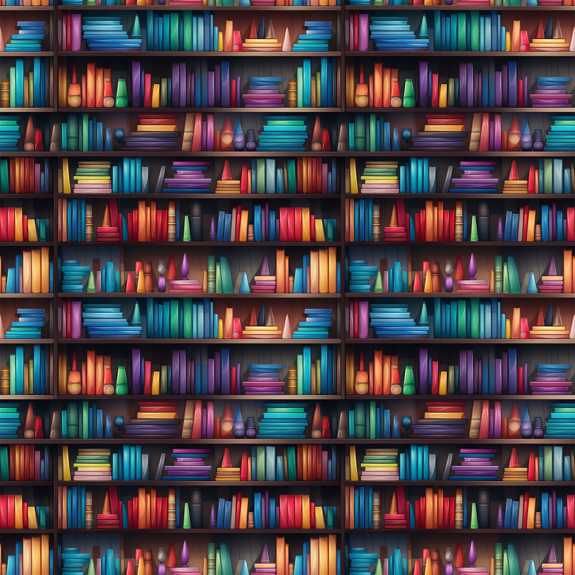 bookshelf pattern, library theme, colorful books, rainbow spines, reading motif, quilting cotton, fabric panel, vibrant colors, blue books, red books, green books, purple books, yellow books, orange books, wooden shelves, literary design, book lover, educational theme, bright palette, repeating pattern