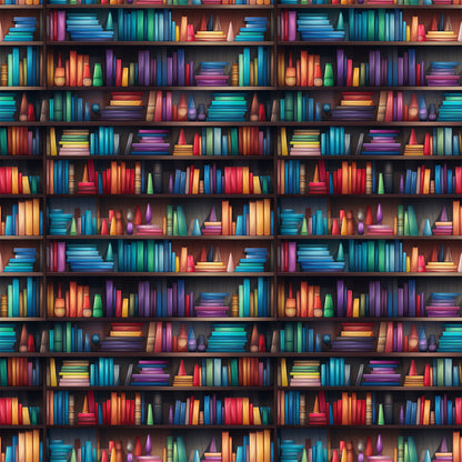 bookshelf pattern, library theme, colorful books, rainbow spines, reading motif, quilting cotton, fabric panel, vibrant colors, blue books, red books, green books, purple books, yellow books, orange books, wooden shelves, literary design, book lover, educational theme, bright palette, repeating pattern