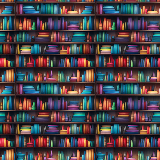 bookshelf pattern, library theme, colorful books, rainbow spines, reading motif, quilting cotton, fabric panel, vibrant colors, blue books, red books, green books, purple books, yellow books, orange books, wooden shelves, literary design, book lover, educational theme, bright palette, repeating pattern