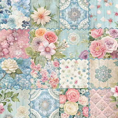 spring patchwork, quilting cotton, fabric panel, floral motifs, roses, peonies, dahlia flowers, pastel colors, soft pink, powder blue, cream white, lavender purple, scalloped edges, vintage botanical, shabby chic, cottage core, hexagon patches, romantic florals, delicate blooms, watercolor effect