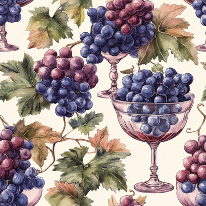 grapes, wine glasses, vineyard, watercolor style, purple grapes, blue grapes, green leaves, autumn leaves, botanical pattern, wine theme, fruit motif, quilting cotton, fabric panel, harvest season, grapevines, wine goblets, nature design, organic pattern, vineyard scene, wine country