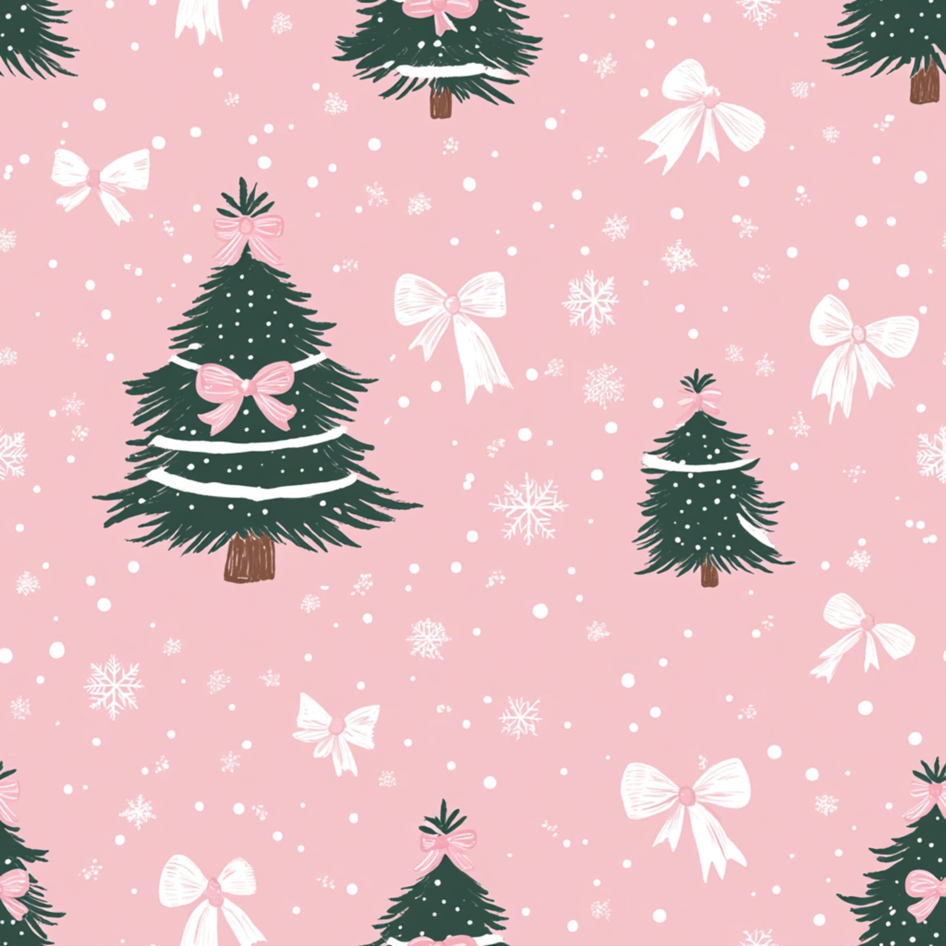 pink background, christmas trees, white bows, pink bows, snowflakes, winter pattern, festive design, holiday motif, quilting cotton, fabric panel, evergreen trees, ribbon bows, snow dots, christmas decor, seasonal fabric, soft pink, forest green, white accents, repeating pattern, holiday quilting