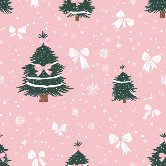 pink background, christmas trees, white bows, pink bows, snowflakes, winter pattern, festive design, holiday motif, quilting cotton, fabric panel, evergreen trees, ribbon bows, snow dots, christmas decor, seasonal fabric, soft pink, forest green, white accents, repeating pattern, holiday quilting