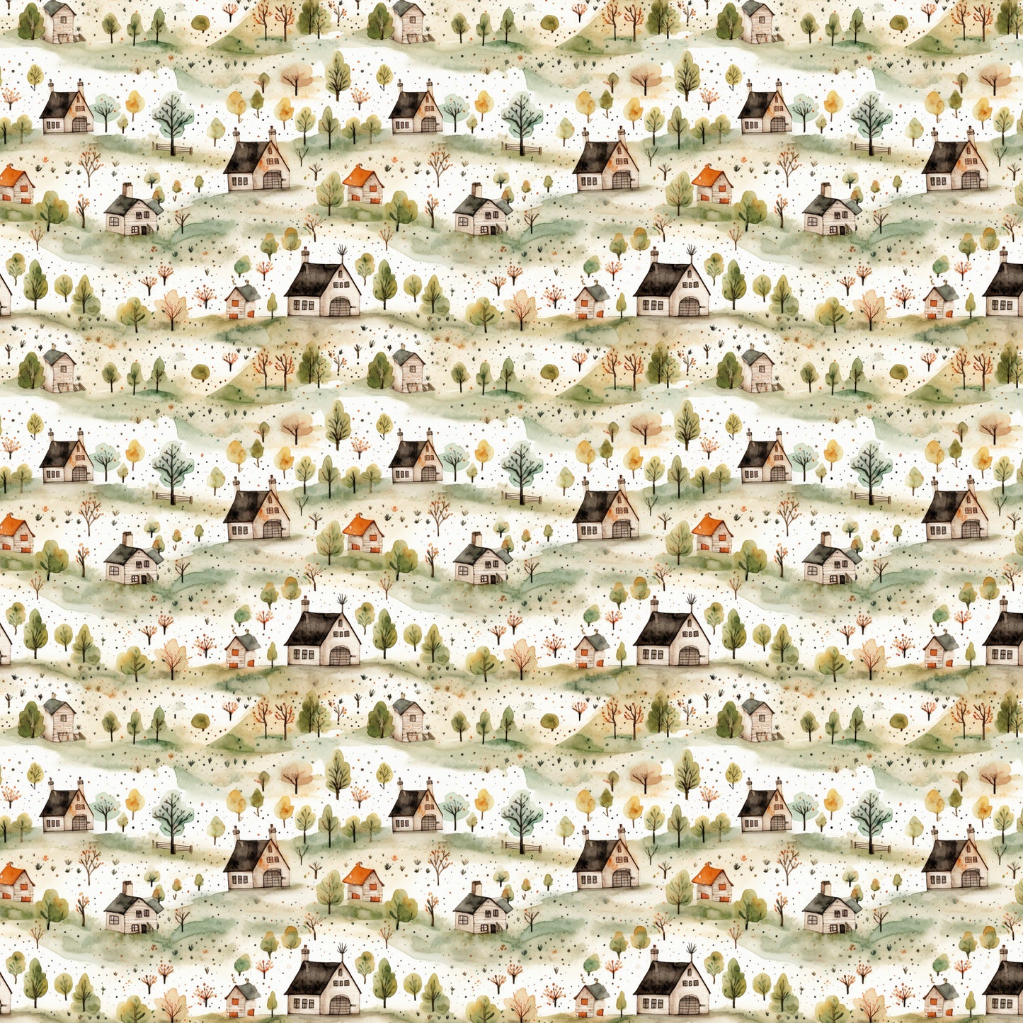 countryside houses, rolling hills, autumn trees, muted greens, warm browns, soft beiges, rustic cottages, pastoral landscape, watercolor style, quilting cotton, fabric panel, repetitive pattern, rural scenery, cozy homes, nature motif, earth tones, whimsical illustration, seasonal foliage, scattered dots, vintage aesthetic