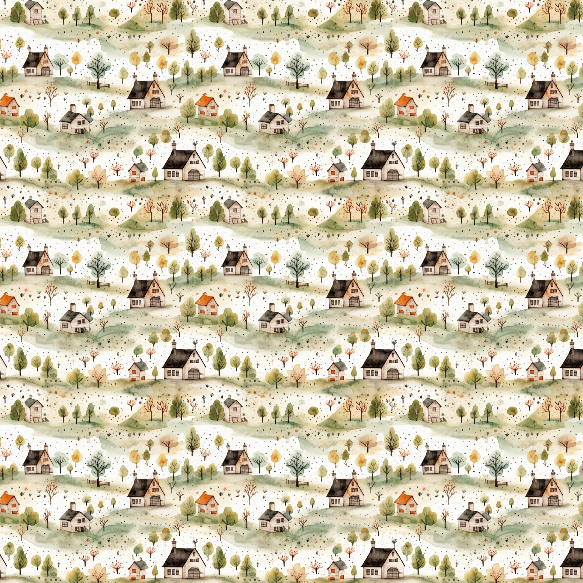 countryside houses, rolling hills, autumn trees, muted greens, warm browns, soft beiges, rustic cottages, pastoral landscape, watercolor style, quilting cotton, fabric panel, repetitive pattern, rural scenery, cozy homes, nature motif, earth tones, whimsical illustration, seasonal foliage, scattered dots, vintage aesthetic