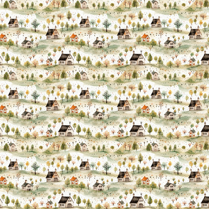 countryside houses, rolling hills, autumn trees, muted greens, warm browns, soft beiges, rustic cottages, pastoral landscape, watercolor style, quilting cotton, fabric panel, repetitive pattern, rural scenery, cozy homes, nature motif, earth tones, whimsical illustration, seasonal foliage, scattered dots, vintage aesthetic