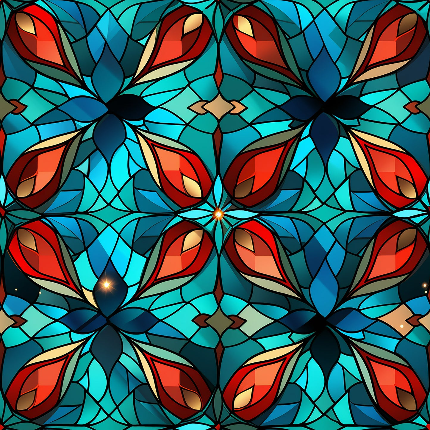 stained glass, christmas pattern, quilting cotton, fabric panel, turquoise blue, coral red, teal green, geometric flowers, kaleidoscope design, symmetrical pattern, floral motifs, decorative glass, holiday fabric, intricate details, mosaic style, ornamental design, winter theme, festive colors, repeating pattern