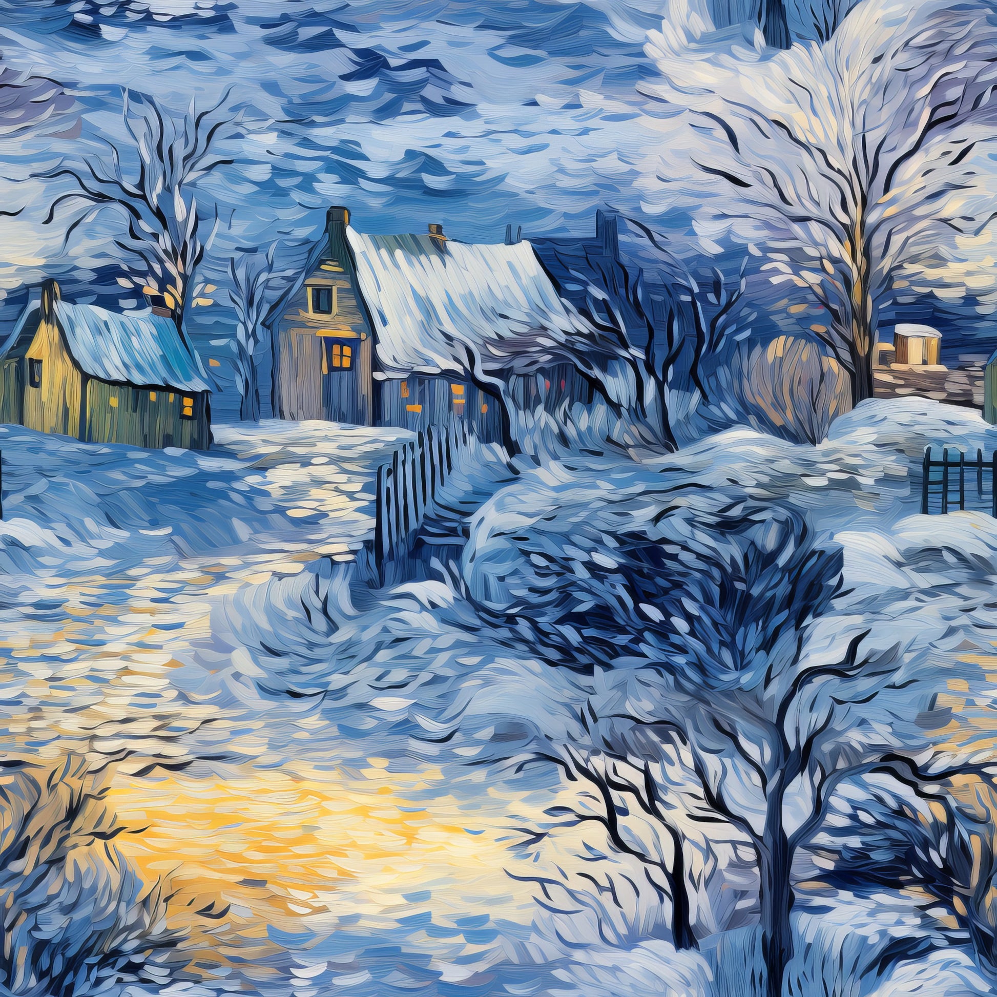 winter scene, snow covered, blue tones, golden yellow, white snow, rural landscape, cottage houses, bare trees, swirling sky, evening light, quilting cotton, fabric panel, painterly style, impressionistic, cozy atmosphere, winter village, flowing brushstrokes, warm windows, peaceful mood, seasonal design