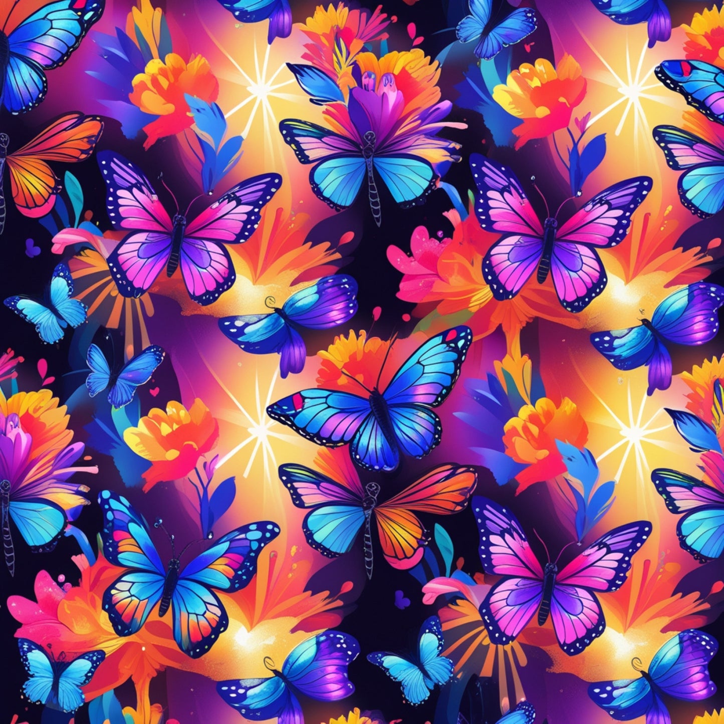 vibrant butterflies, purple wings, blue butterflies, pink flowers, orange blooms, tropical colors, fantasy pattern, quilting cotton, fabric panel, floral background, iridescent wings, bright gradient, magical theme, nature motifs, colorful blooms, butterfly wings, vivid purples, electric blues, coral pink, sunset colors