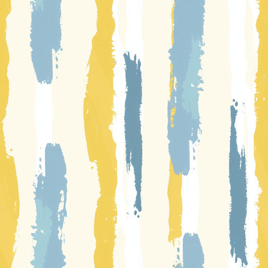 yellow, blue, cream, white, abstract brushstrokes, vertical stripes, painterly design, modern art style, contemporary pattern, quilting cotton, fabric panel, artistic texture, hand-painted effect, watercolor style, minimalist design, geometric elements, soft pastels, crafting material, sewing fabric