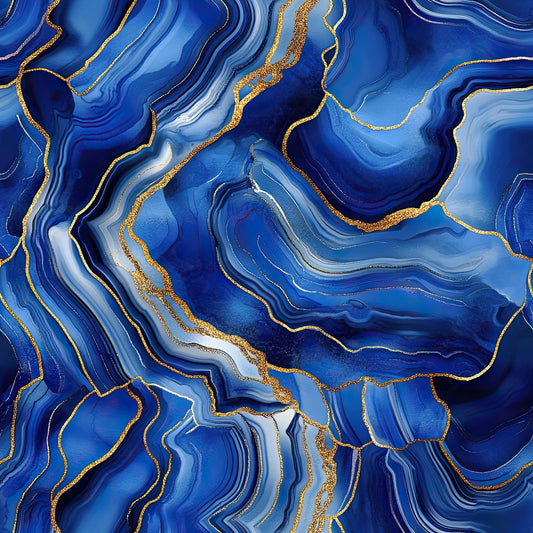 royal blue, gold, navy blue, sapphire blue, agate pattern, geode design, marbled texture, flowing lines, abstract swirls, mineral veins, stone texture, quilting cotton, fabric panel, luxurious, elegant, organic patterns, fluid design, metallic accents, natural stone, contemporary