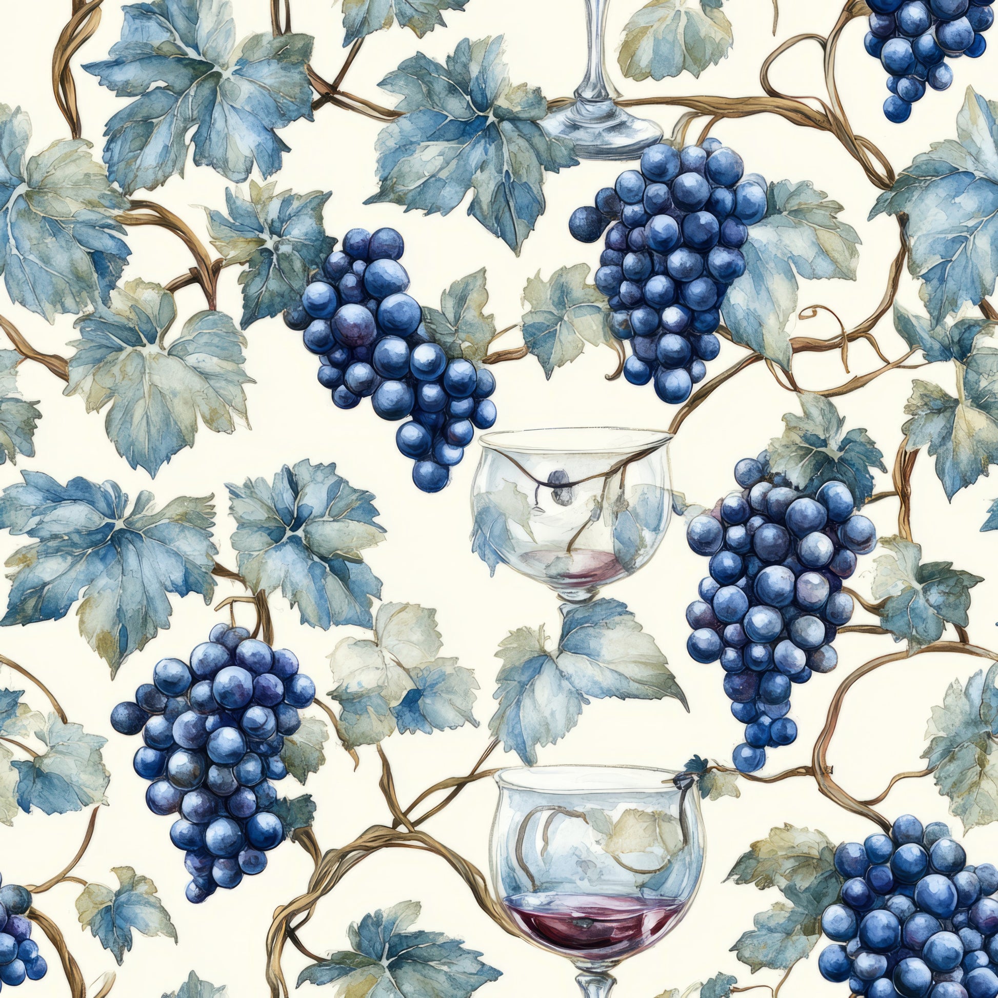 navy blue, cream background, grape clusters, wine glasses, grapevines, botanical leaves, blue grapes, watercolor style, vineyard theme, quilting cotton, fabric panel, wine motif, flowing vines, natural elements, repeating pattern, artistic illustration, deep blue tones, organic design, wine country