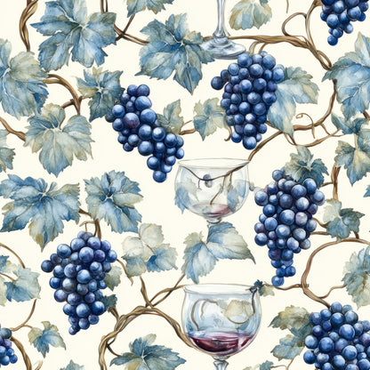 navy blue, cream background, grape clusters, wine glasses, grapevines, botanical leaves, blue grapes, watercolor style, vineyard theme, quilting cotton, fabric panel, wine motif, flowing vines, natural elements, repeating pattern, artistic illustration, deep blue tones, organic design, wine country