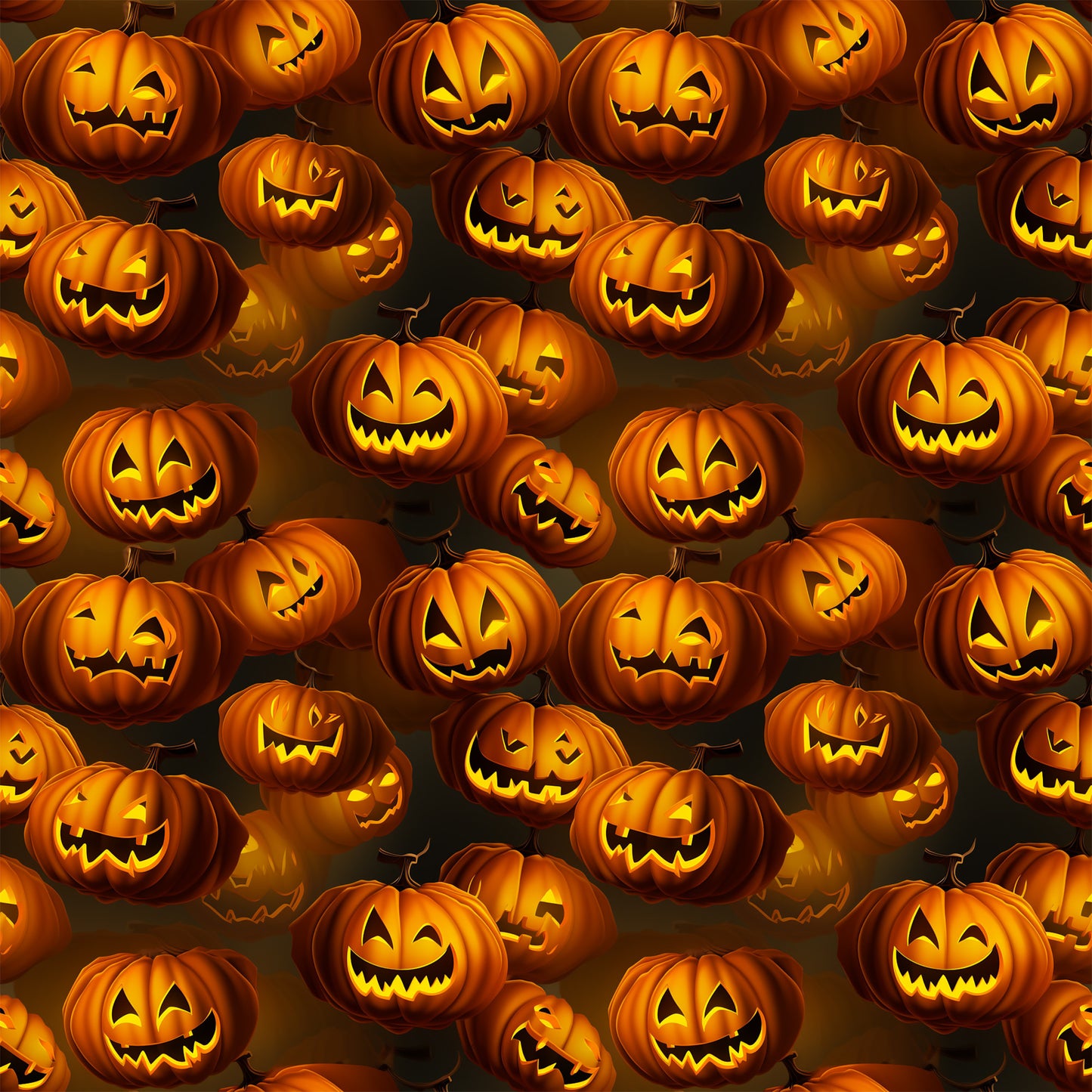 orange, black, jack-o'-lanterns, pumpkins, carved faces, spooky grins, halloween pattern, seamless repeat, glowing eyes, autumn colors, quilting cotton, fabric panel, scary expressions, festive design, seasonal motif, horror theme, carved pumpkins, illuminated faces, dark background, halloween decor
