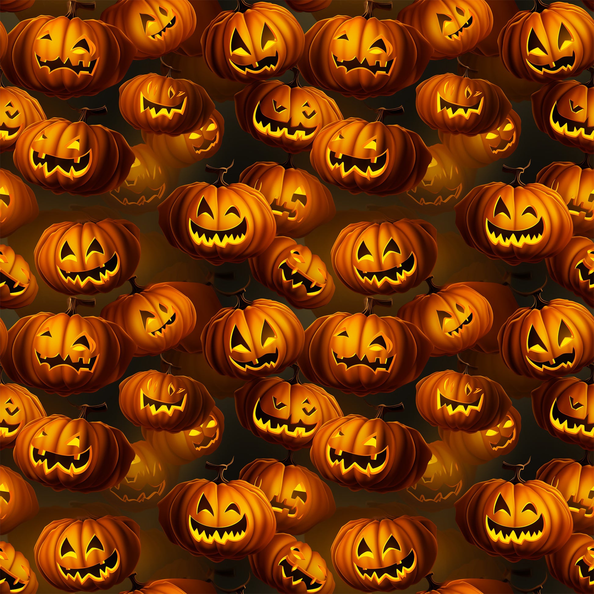 orange, black, jack-o'-lanterns, pumpkins, carved faces, spooky grins, halloween pattern, seamless repeat, glowing eyes, autumn colors, quilting cotton, fabric panel, scary expressions, festive design, seasonal motif, horror theme, carved pumpkins, illuminated faces, dark background, halloween decor