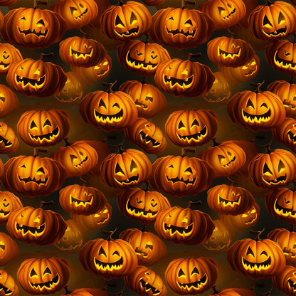 orange, black, jack-o'-lanterns, pumpkins, carved faces, spooky grins, halloween pattern, seamless repeat, glowing eyes, autumn colors, quilting cotton, fabric panel, scary expressions, festive design, seasonal motif, horror theme, carved pumpkins, illuminated faces, dark background, halloween decor