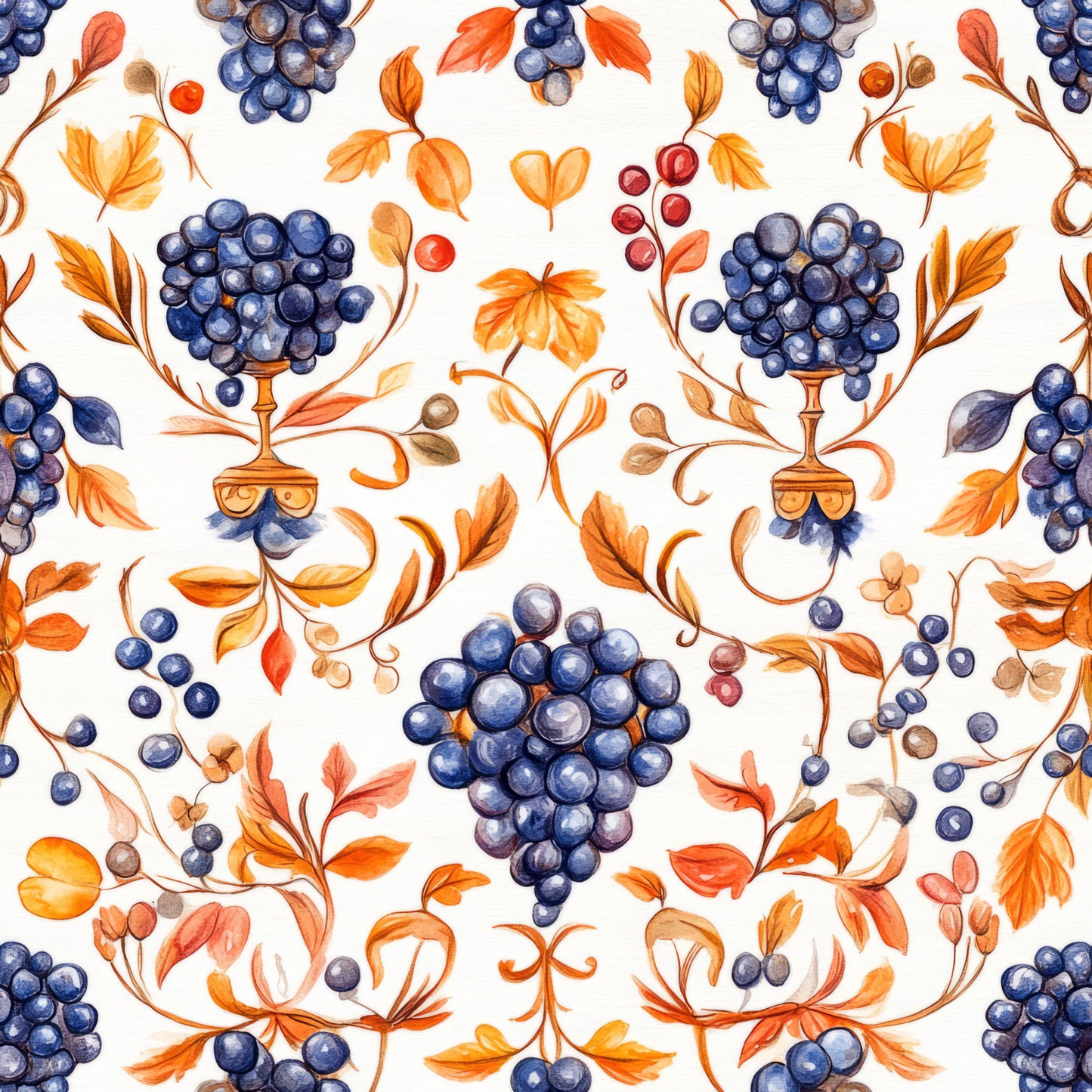 navy blue, orange, autumn leaves, grape clusters, vineyard motif, watercolor style, botanical pattern, quilting cotton, fabric panel, wine goblets, decorative vines, seasonal berries, warm earth tones, harvest theme, repeating design, flowing branches, fruit illustration, fall colors, ornamental pattern