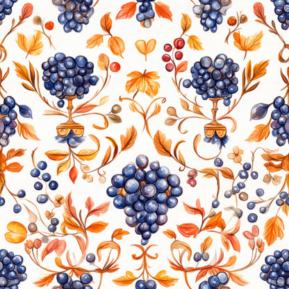 navy blue, orange, autumn leaves, grape clusters, vineyard motif, watercolor style, botanical pattern, quilting cotton, fabric panel, wine goblets, decorative vines, seasonal berries, warm earth tones, harvest theme, repeating design, flowing branches, fruit illustration, fall colors, ornamental pattern