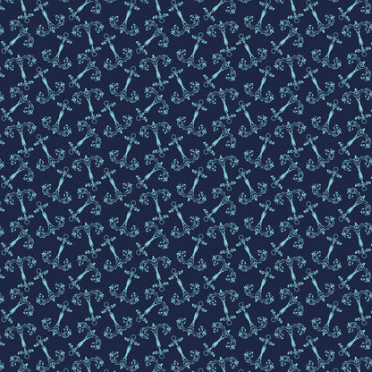 navy blue, turquoise, nautical pattern, anchors, rope details, maritime theme, quilting cotton, fabric panel, ocean motif, sailing design, decorative anchors, nautical rope, sea pattern, coastal style, repetitive pattern, marine elements, sailing theme, anchor chains, nautical coordinates, ocean vibes