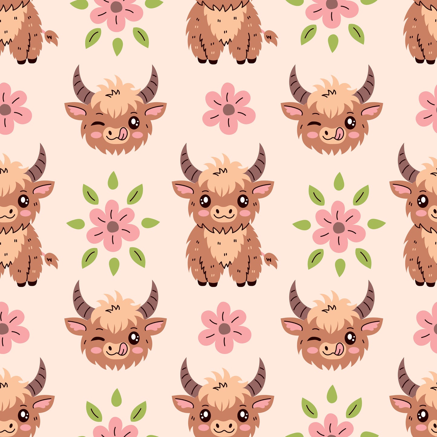 baby highland cows, kawaii style, cute animals, brown fur, pink flowers, green leaves, peach background, pastel colors, horned cattle, smiling faces, floral elements, repeating pattern, nursery theme, adorable characters, quilting cotton, fabric panel, soft palette, farm animals, whimsical design, children's fabric