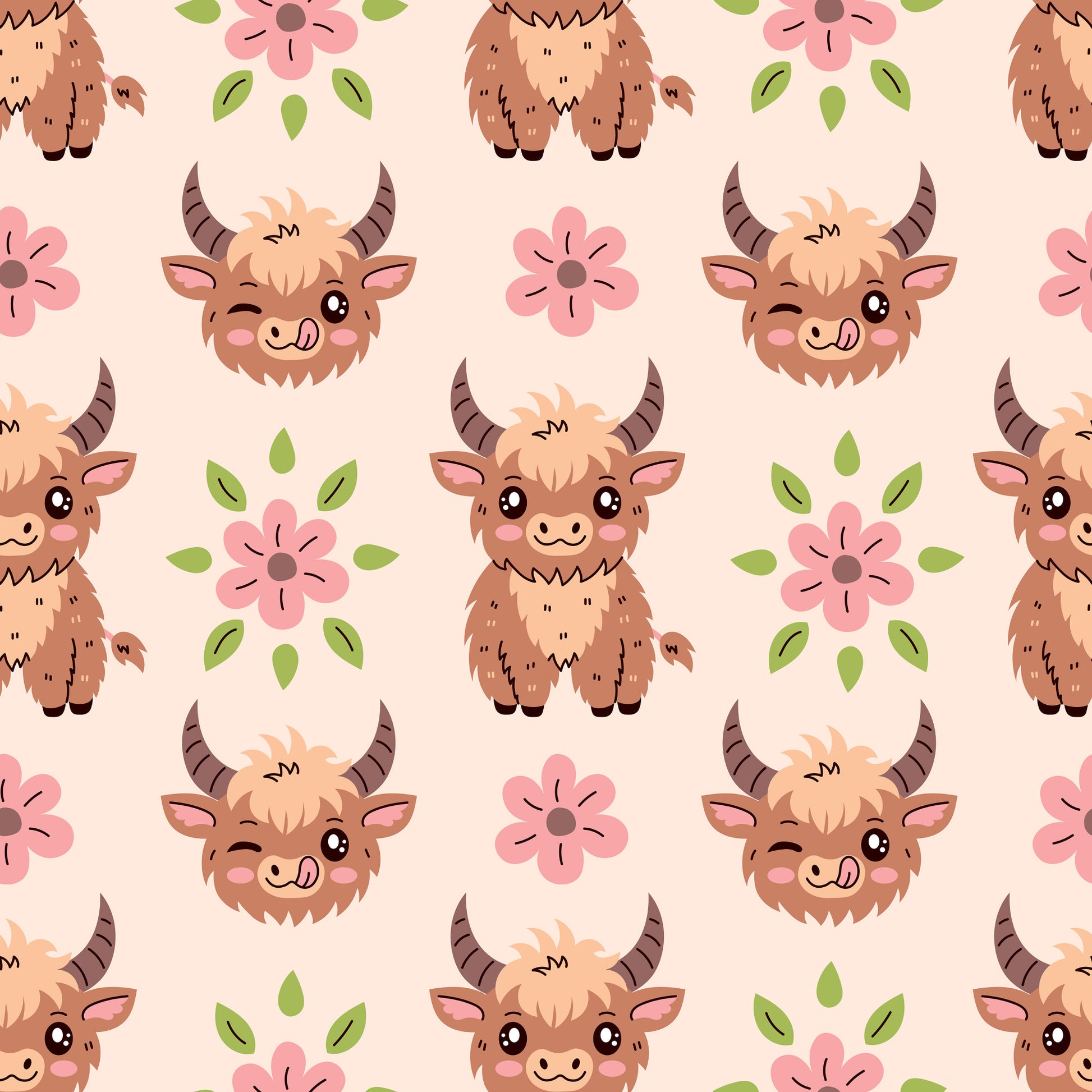 baby highland cows, kawaii style, cute animals, brown fur, pink flowers, green leaves, peach background, pastel colors, horned cattle, smiling faces, floral elements, repeating pattern, nursery theme, adorable characters, quilting cotton, fabric panel, soft palette, farm animals, whimsical design, children's fabric