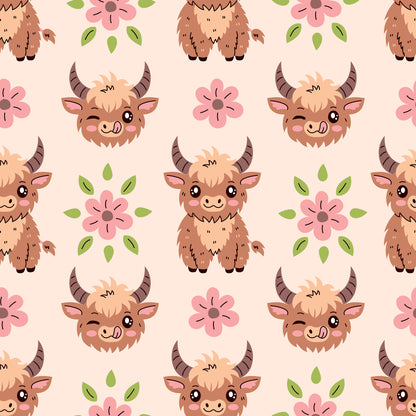 baby highland cows, kawaii style, cute animals, brown fur, pink flowers, green leaves, peach background, pastel colors, horned cattle, smiling faces, floral elements, repeating pattern, nursery theme, adorable characters, quilting cotton, fabric panel, soft palette, farm animals, whimsical design, children's fabric
