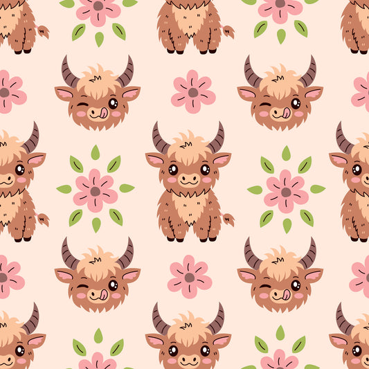 Cute Baby Highland Cows Pattern 6 Quilting Cotton Fabric