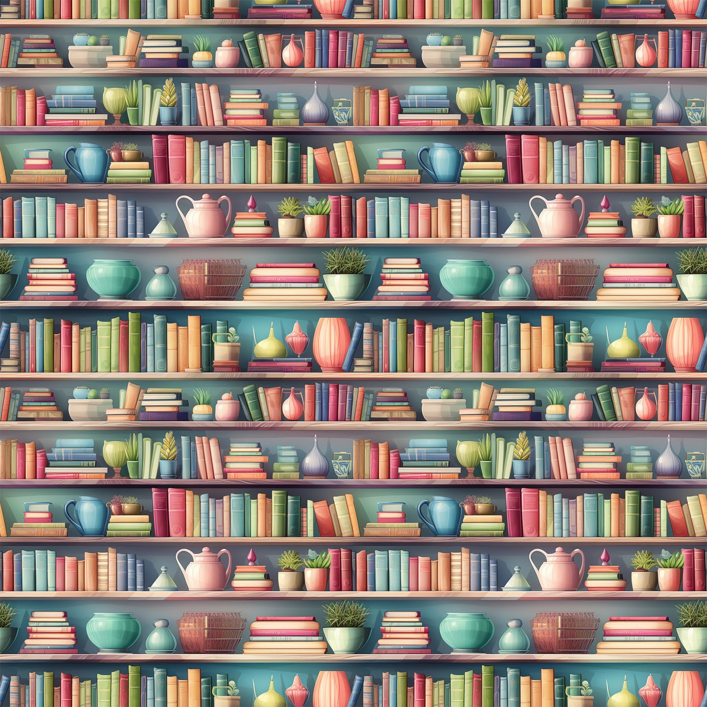 - Bookshelf Pattern 2 Quilting Cotton Fabric  
- colorful shelves  
- stacked books  
- decorative vases  
- potted plants  
- pastel tones  
- warm hues  
- home decor  
- cotton textile  
- quilting material  
- fabric yardage  
- printed design  
- vintage style  
- cozy aesthetic