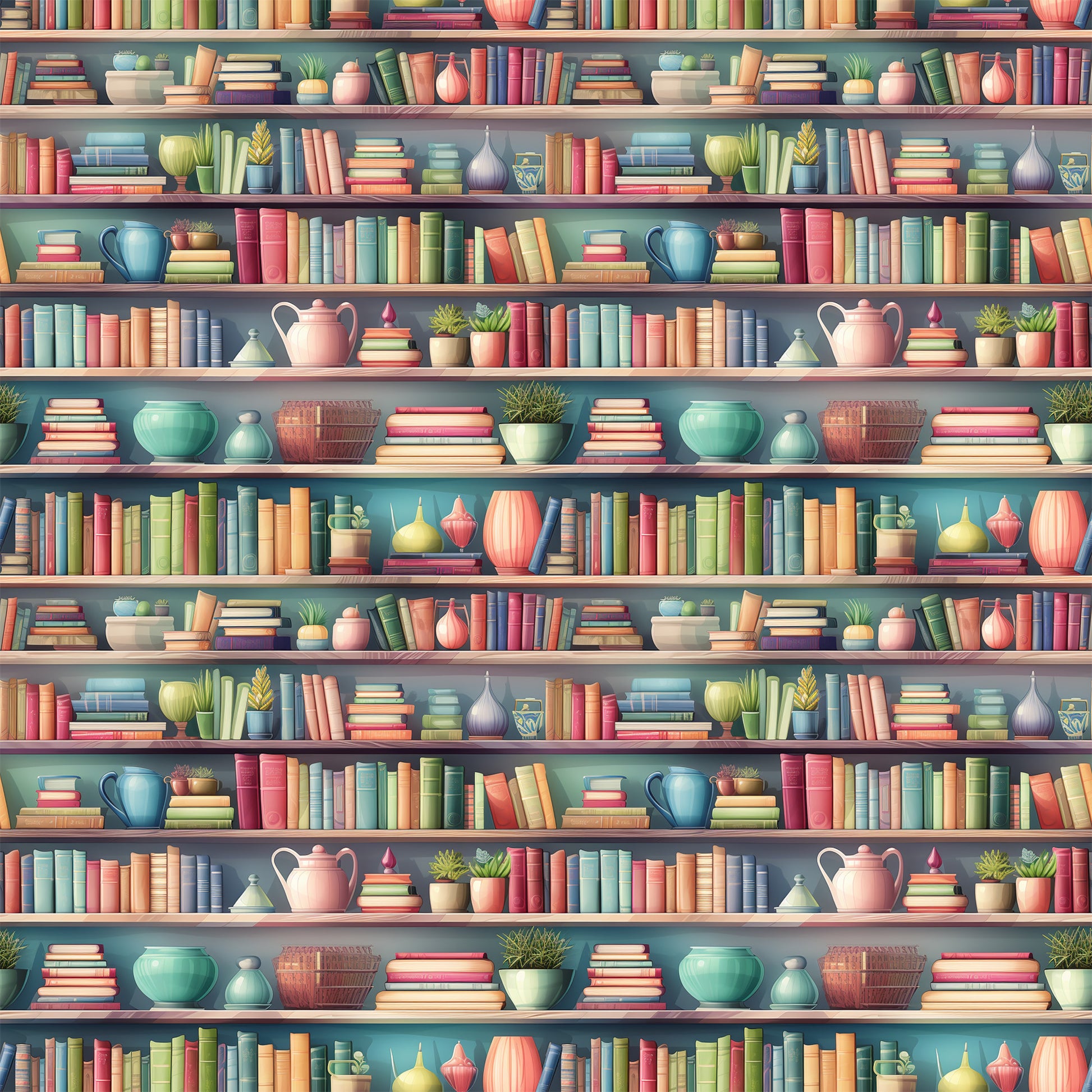 - Bookshelf Pattern 2 Quilting Cotton Fabric  
- colorful shelves  
- stacked books  
- decorative vases  
- potted plants  
- pastel tones  
- warm hues  
- home decor  
- cotton textile  
- quilting material  
- fabric yardage  
- printed design  
- vintage style  
- cozy aesthetic